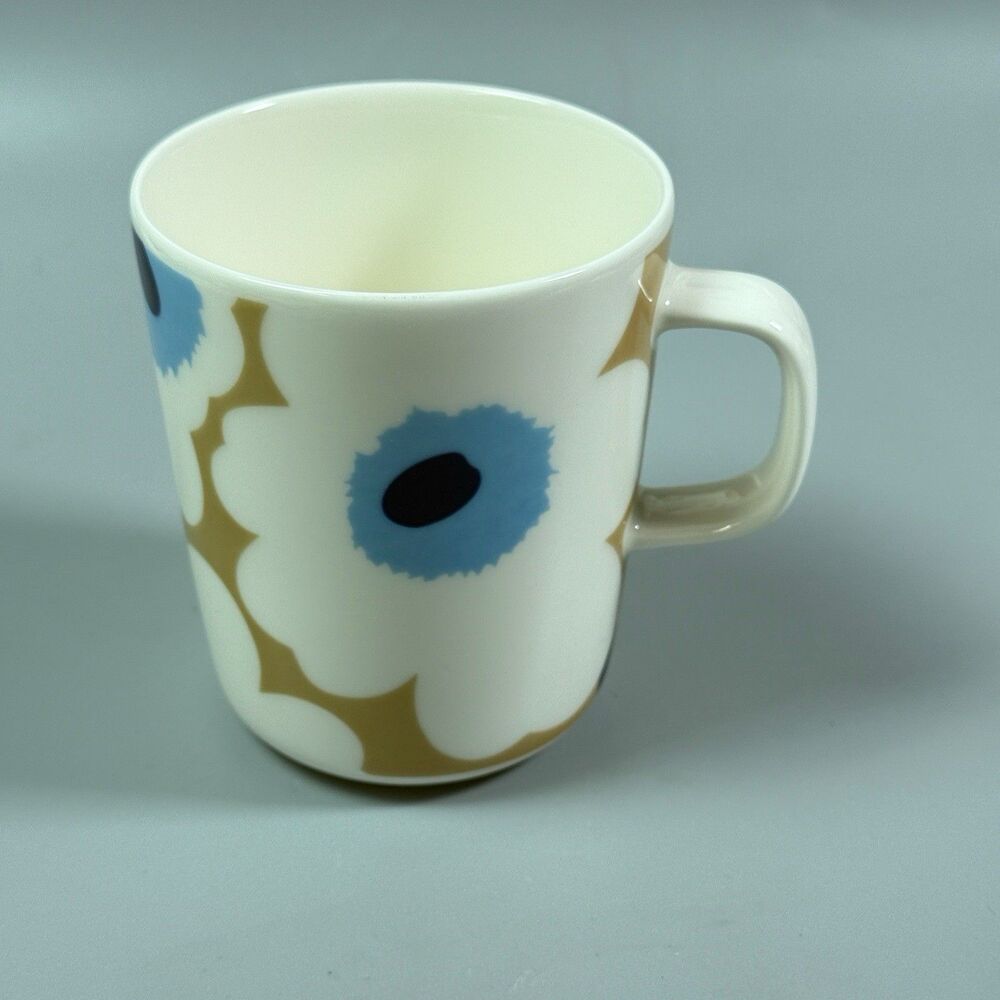 Marimekko Oiva Unikko Mug Cup Blue Bronze White Stoneware Floral